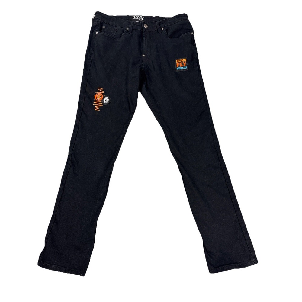 Born Fly Mens Black Jeans Size 32x30.5 Pocket‎ Paint And Patches Stretch